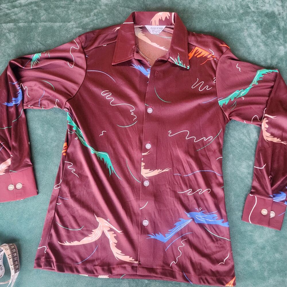 Vintage Gaucho Originals USA Bird Print Disco Shirt 70s Burgundy Medium NOS